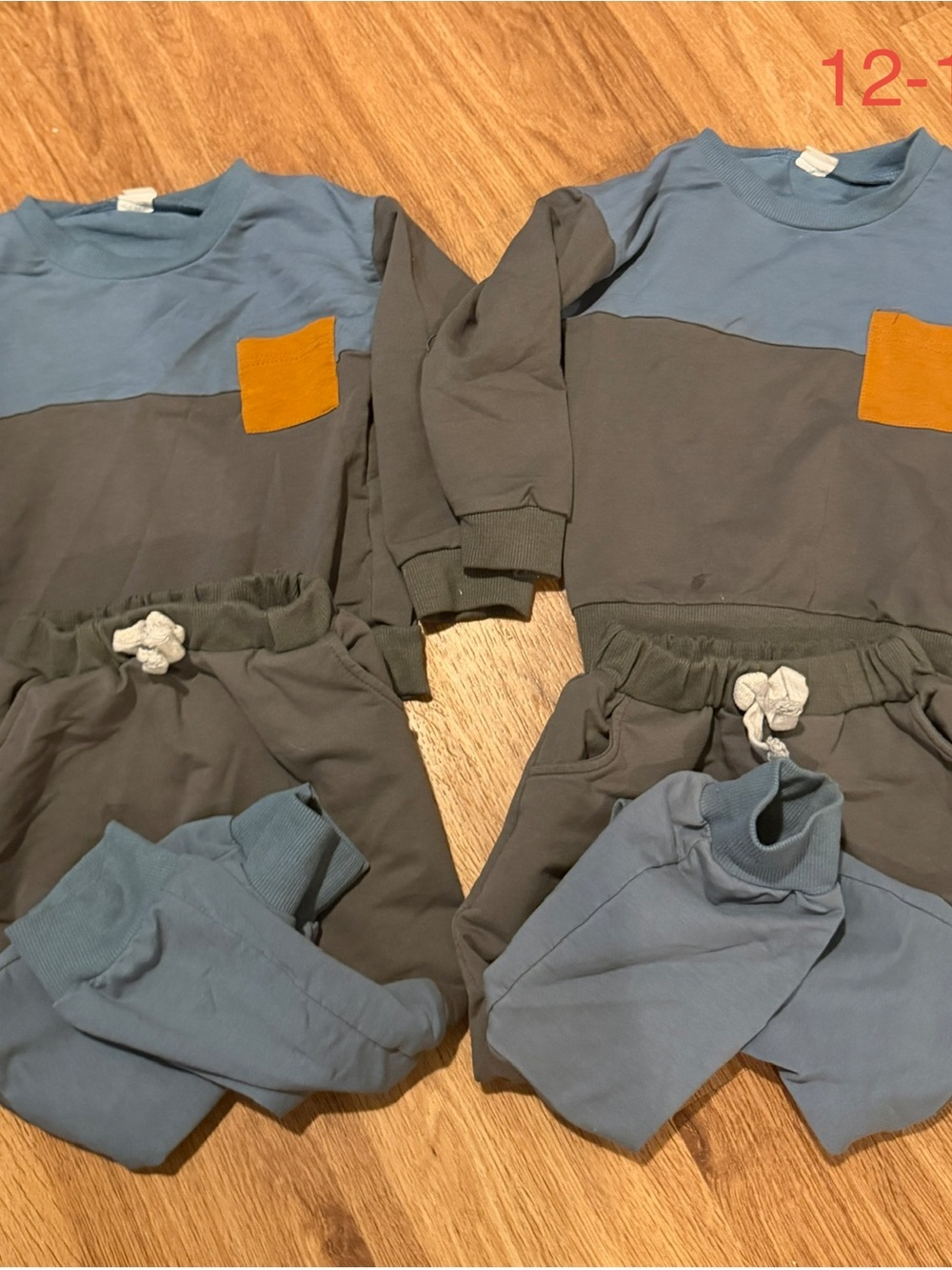 2 outfits Amazon Kids Colorblock Sweatshirt & Jogger Set - Blue, Gray & Mustard